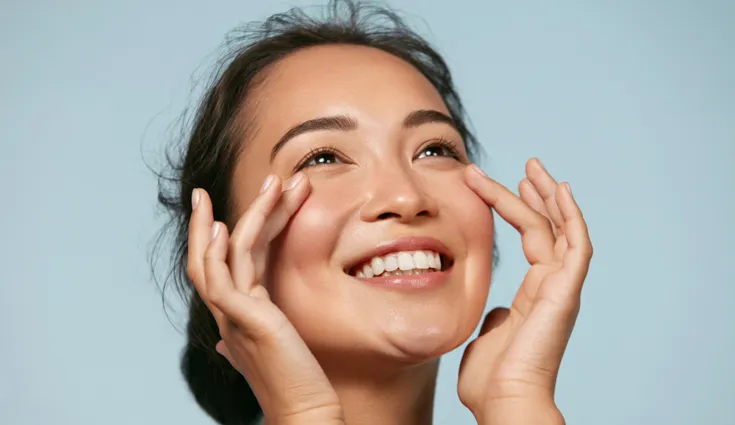 A smiling woman with dark hair touches her cheeks with her hands against a blue background.